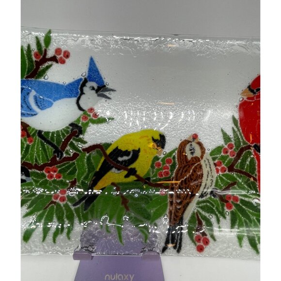 Peggy Karr Signed '05 Fused Glass Birds Holly Winter Design Approx 10"x 6" - Picture 3 of 11